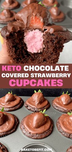 chocolate covered strawberry cupcakes in a muffin tin with text overlay that reads keto chocolate covered strawberry cupcakes