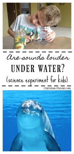 a young boy drinking water from a glass next to a dolphin with the words under water