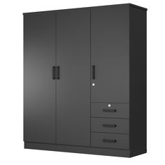 a black armoire with drawers and doors