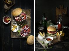 two photographs of sandwiches and condiments on a cutting board