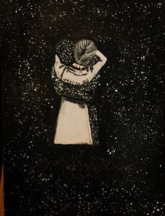 a painting of a woman standing in the dark with her hands on her head and arms behind her back