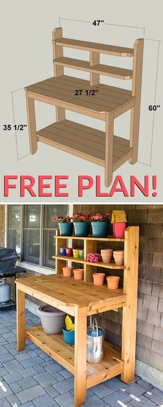 the plans for a potting bench are shown in two different views, one with shelves and