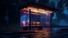 a bus stop sitting on the side of a road at night