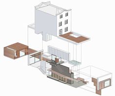 an architectural drawing of a house and its surrounding area, including the kitchen and living room