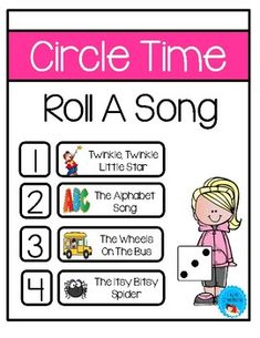 the circle time roll a song game is shown in pink and white with an image of a