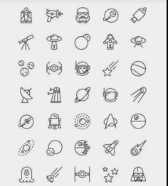 the icons for space related items are shown in black and white, as well as an outline