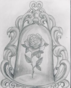 a pencil drawing of a bell with a rose on the front and side, in an ornate frame