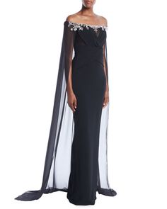 Types Of Gowns, Chiffon Cape, Pamella Roland, Best Designer Dresses, Formal Ball Gown, Gown Inspiration, Shoulder Stretch, Ball Gowns Evening, Black Gown