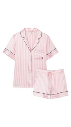 It girl pj set for wishlist birthdays - aesthetic pink pjs Women Nightwear Outfit, Sleepwear Women Nightwear, Nightwear Outfits, Pink Pjs, Victoria Secret Pajamas, Satin Short, Pink And White Stripes, Women Nightwear, Basic Outfits