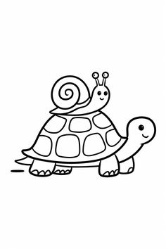 a black and white drawing of a turtle with a snail on it's back