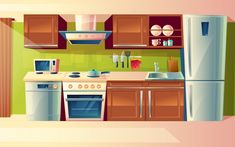 a kitchen scene with refrigerator, stove and sink - miscellaneous objects / artsy illustrations