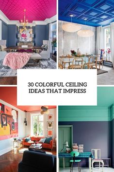 colorful ceilinging ideas that impposes the color scheme in this living room and dining room