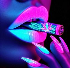 a woman's lips with neon lights and nail polishes on her fingertipss