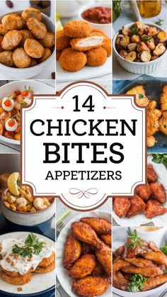 Assorted chicken bites appetizers arranged in a collage with a central label.