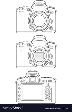 three digital cameras line drawing with each one's own lens and the other two