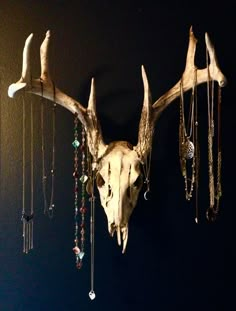 an animal's skull is hanging on the wall with beads and necklaces attached to it