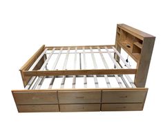 a wooden bed frame with two drawers on each side and an open drawer underneath it