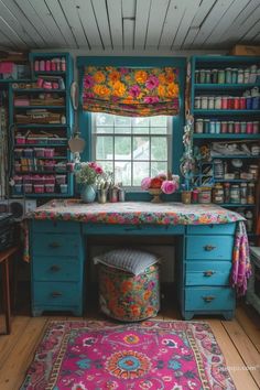 a room filled with lots of colorful furniture and decor