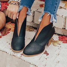 Category:Boots; Upper Materials:PU Leather; Season:Fall,Winter; Heel Type:Chunky Heel; Gender:Women's; Activity:Walking; Toe Shape:Pointed Toe; Type:Booties Ankle Boots; Style:Vintage,Casual,Minimalism; Heel Height(inch):2-3; Outsole Materials:Rubber; Occasion:Daily,Outdoor,Office; Closure Type:Loafer; Pattern:Solid Colored; Production mode:Self-produce; 2024 Trends:Plus Size; Foot Length:; Foot Width:; Size chart date source:Provided by Supplier.; US Size:null; UK Size:14.5; EU Size:50 Holiday Sandals, Stacked Heel Ankle Boots, Thick Heel Boots, Cutout Ankle Boots, Boots Fall Ankle, Chelsea Boots Heel, Slip On Boots, Thick Heels, Heeled Ankle Boots