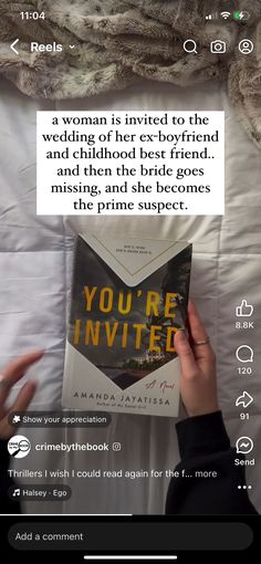 someone is reading a book on their bed with the caption you're invited