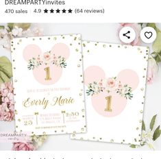 two pink and gold birthday cards with flowers on the front, one has an age 1