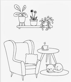 a black and white line drawing of a chair with a cat sleeping on the floor