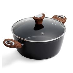 a black pot with wooden handles on a white background