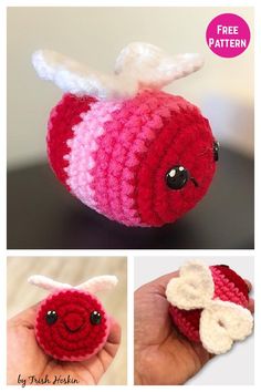 a crocheted red apple with white wings and eyes is shown in three different pictures