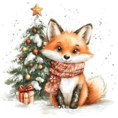 a watercolor painting of a fox with a scarf around its neck next to a christmas tree