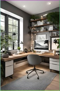 a home office with desk, shelves and plants