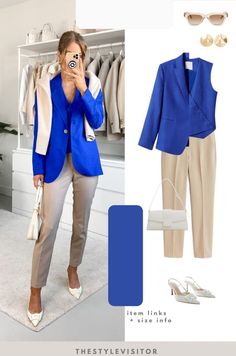 Blazer Royal Blue Outfit, Royal Blue Business Casual, Fitted Royal Blue Blazer For Work, Elegant Royal Blue Blazer For Work, Royal Blue Cardigan Outfit Work, Outfits Con Azul Rey, Royal Blue Blazer Outfit, Royal Blue Outfit Ideas, Royal Blue Pants Outfit