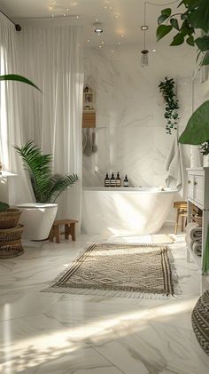 a white bathroom with plants in the tub and rugs on the floor next to it