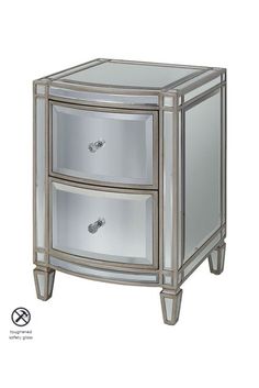 a mirrored night stand with two drawers on one side and an open drawer on the other