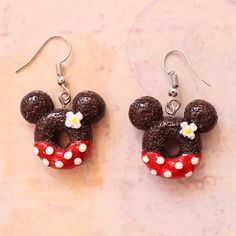 Brand New Minnie Mouse Chocolate Donut Pierced Earrings Mickey Pretzel Earrings, Minnie Mouse Polymer Clay Earrings, Mickey Mouse Clay Earrings, Polymer Clay Minnie Mouse, Mouse Chocolate, Disney Minnie Mouse Jewelry, Donut Earrings, Chocolate Donut, Donuts Earrings