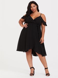 Black Cold Shoulder Chiffon Wrap Dress, BLACK Black Dress Ideas, Dresses For Big Bust, Plus Size Black Dress, Big Bust Fashion, Plus Size Fashion Dresses, Chiffon Wrap Dress, Wrap Dress Black, Plus Size Black Dresses, Big Size Dress