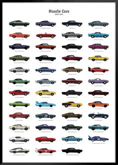 an old car poster with all the cars in it's different colors and sizes