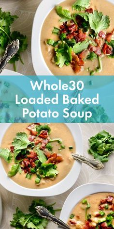 two bowls of loaded baked potato soup with bacon, lettuce and parsley