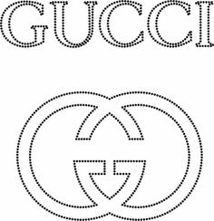 the gucci logo is shown in black and white, with dotted lines across it