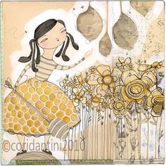 a drawing of a girl with flowers in her hand and honeycombs on the ground