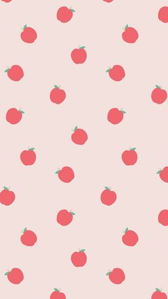 a pink background with red apples and green leaves on it's sides, all in rows