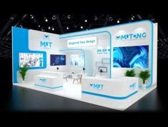 an exhibition stand with white and blue accents