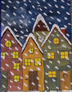 a drawing of some houses in the snow