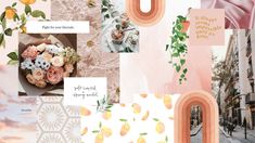 the collage is full of different images and words, including peaches, lemons, flowers, leaves, and other things