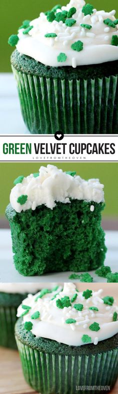 green velvet cupcakes with white frosting and sprinkles