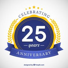 celebrating 25 years anniversary badge with blue ribbon and gold wreath on white background free psd file