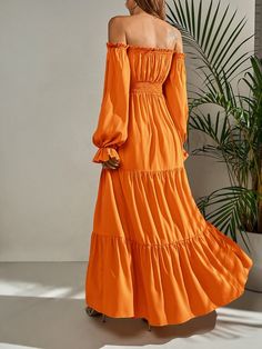 This flowy Marigold Dress is crafted for a classic look with utmost comfort in mind. Its delicate and feminine silhouette is designed to flatter your figure with ease and grace. The perfect choice for a sophisticated and stylish look. Orange A-Line High Waist Slight Stretch Regular Fit Polyester Size US Length Sleeve Length Bust Waist Size Cuff Bicep Length XS 2 48 20.9 24.4-41.7 22-41.7 6.7-19.3 9.3 S 4 48.8 21.3 26-43.3 23.6-43.3 7.1-19.7 9.8 M 6 49.6 21.7 27.6-44.9 25.2-44.9 7.5-20.1 10.4 L 8 Elegant A-line Maxi Dress In Rayon, Chic Orange Off-shoulder Dresses, Feminine Solid Color Dresses For Vacation, Solid Color Feminine Dress For Vacation, Elegant Plain A-line Maxi Dress, A-line Dress For Brunch, Flowy Solid Color Maxi Dress, Elegant Solid Color Dress With Flowy Skirt, Flowy Midi Dress For Fall