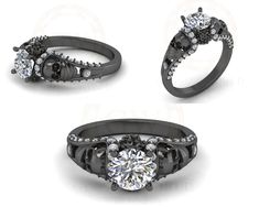 three different views of an engagement ring with diamonds on each side and the center stone in black gold