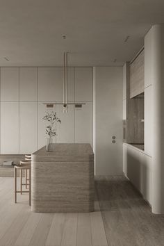 a kitchen with white walls and wooden flooring next to a counter top on a hard wood floor