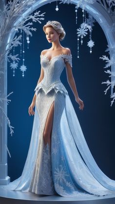 a woman in a white dress with snowflakes on it