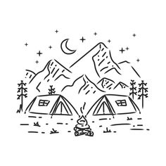 a drawing of tents in the mountains with stars and moon above them, on a white background